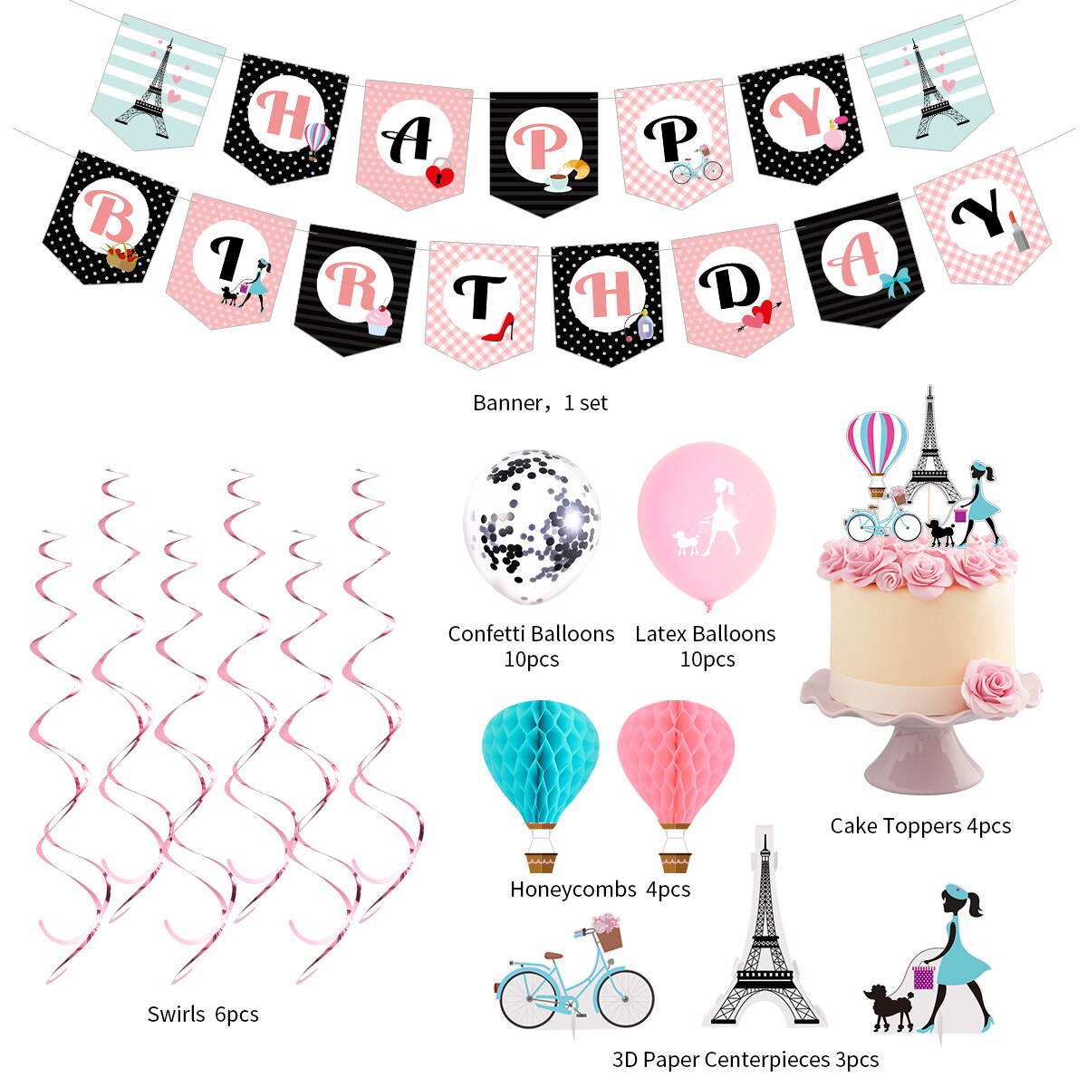 Paris Theme Birthday Decoration Blue Pink Tower Cake Topper Banner Honeycomb Ball Girls Party Supplies 