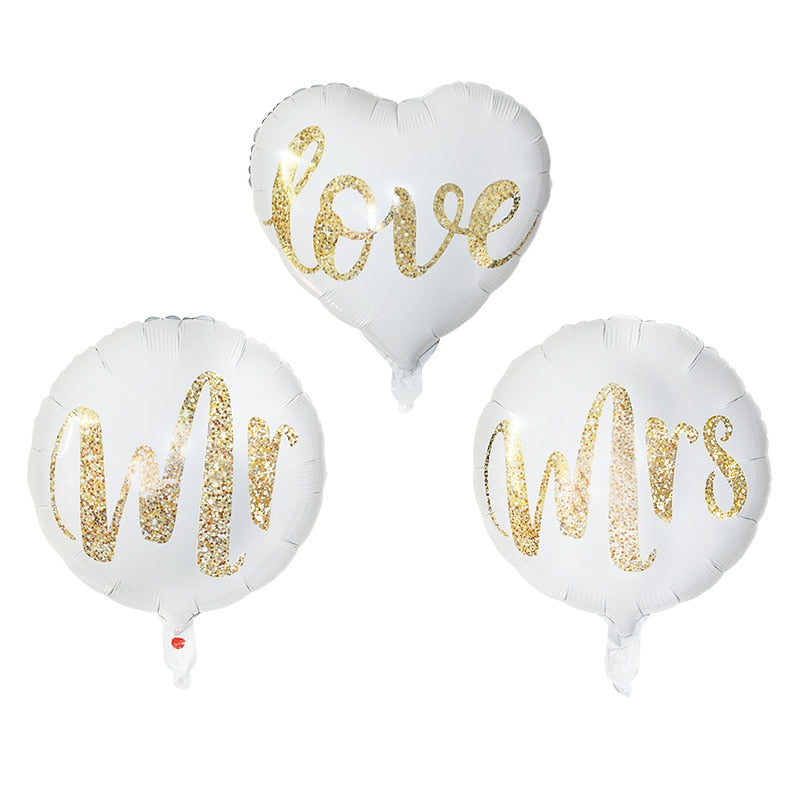 18inch Round White Gold Glitter Print Mr&Mrs LOVE foil Balloons bride to be marriage Wedding Decor Valentine's Day Supplies PartyDecorHQ