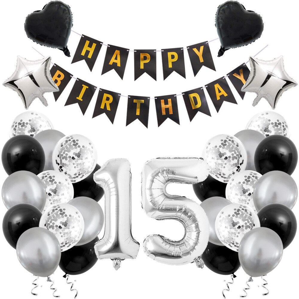 Sliver Black Balloon Set Confetti Latex Heart Star Number Foil Men Boy Birthday Party Decoration 