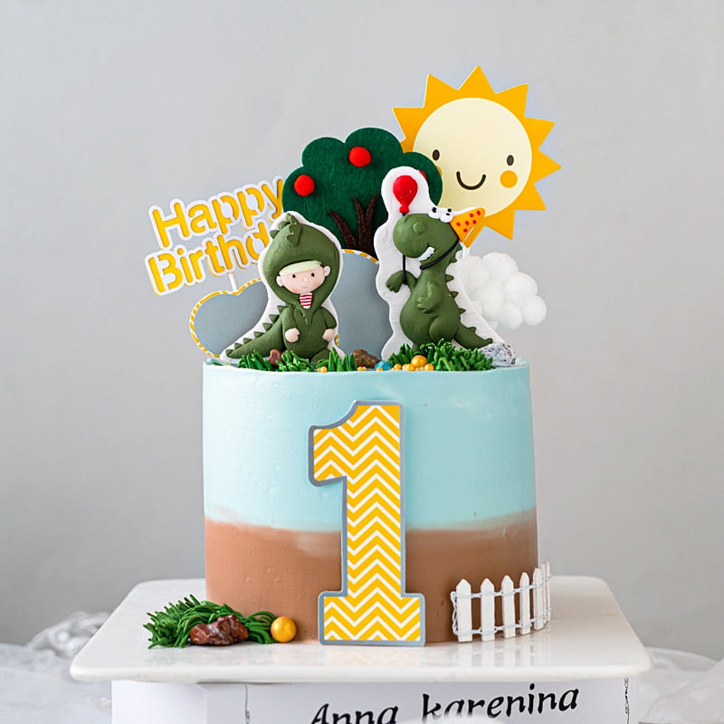 Lovely Dinosaur Baby Birthday Cake Decoration Soft pottery Dino One year old Baking Cakes Dessert Topper Top Insert Gifts 