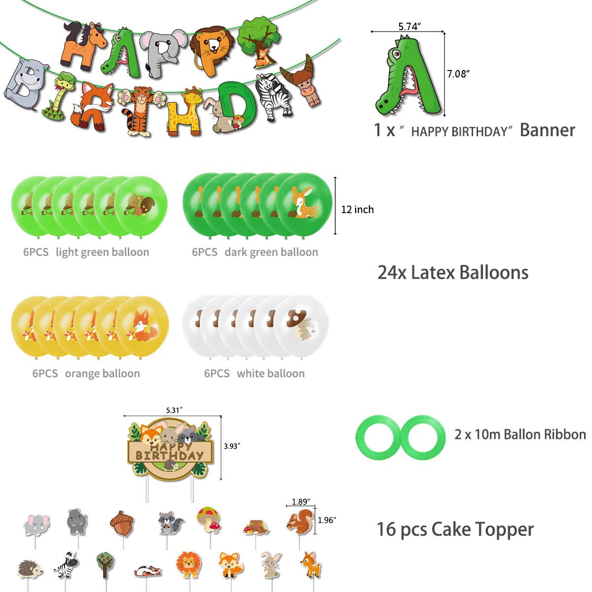 Jungle Animal Theme Party Decoration Banner Cartoon Tiger Cake Toppers Printing Hedgehog Fox Foil Balloons kids Birthday 