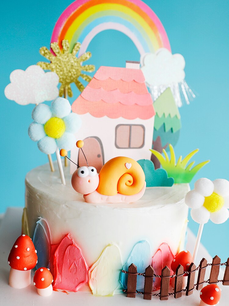 Farm animal snails Cake Topper Rainbow Sun House Kids Happy Birthday Party Cartoon Decoration 