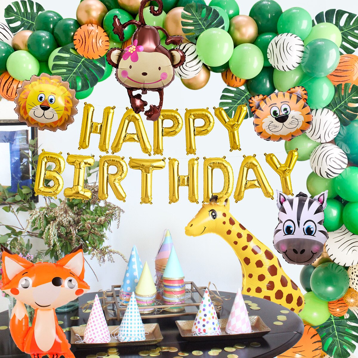 Forest Animal Balloon Set Artificial Leaves Happy Birthday Foil Kids Boy Girl Party Decoration 