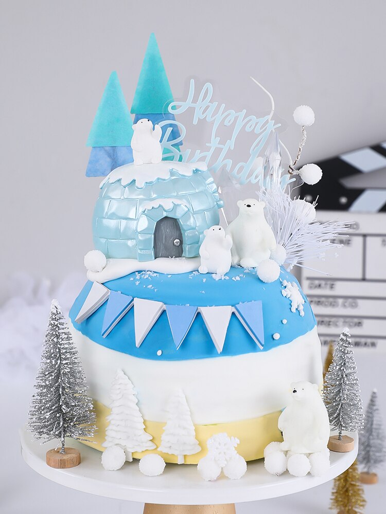 Polar Bear Theme Cake Topper Home Happy Birthday Merry Ice Snow Party Ornaments Dessert Baking Decorations Supplies 