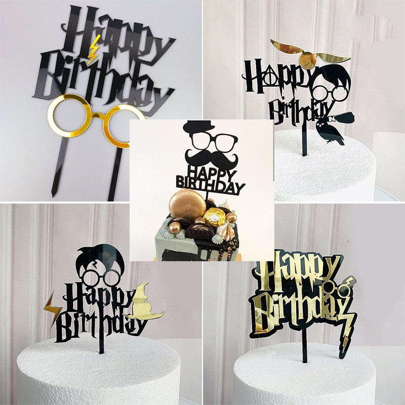 Glasses Acrylic Happy Birthday Cake Topper Gold Toppers Decor Baby Party Decorations Shower 