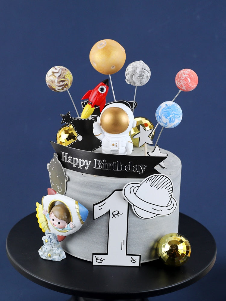 Heart Astronaut Series Cake Topper Planet Rocket astronaut Baby Kid Boy One year old Birthday Happy Cakes Baking Decoration 