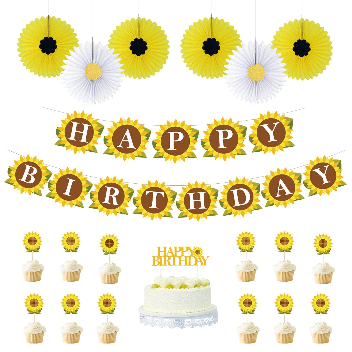 Sunflower Theme Party Decoration Set Banners Cupcake Toppers Yellow White Paper Fan Boys Girls Birthday Supplies 