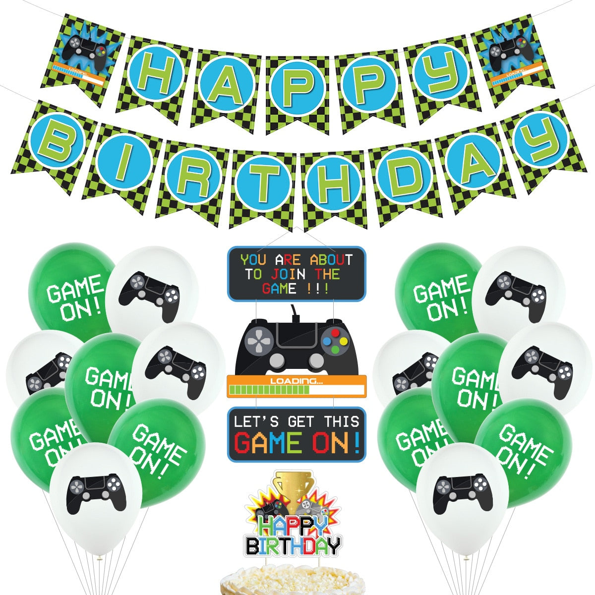 Game Birthday Party Supplies Boys Black Green Balloons Banner Cake Topper Kids Decoration 