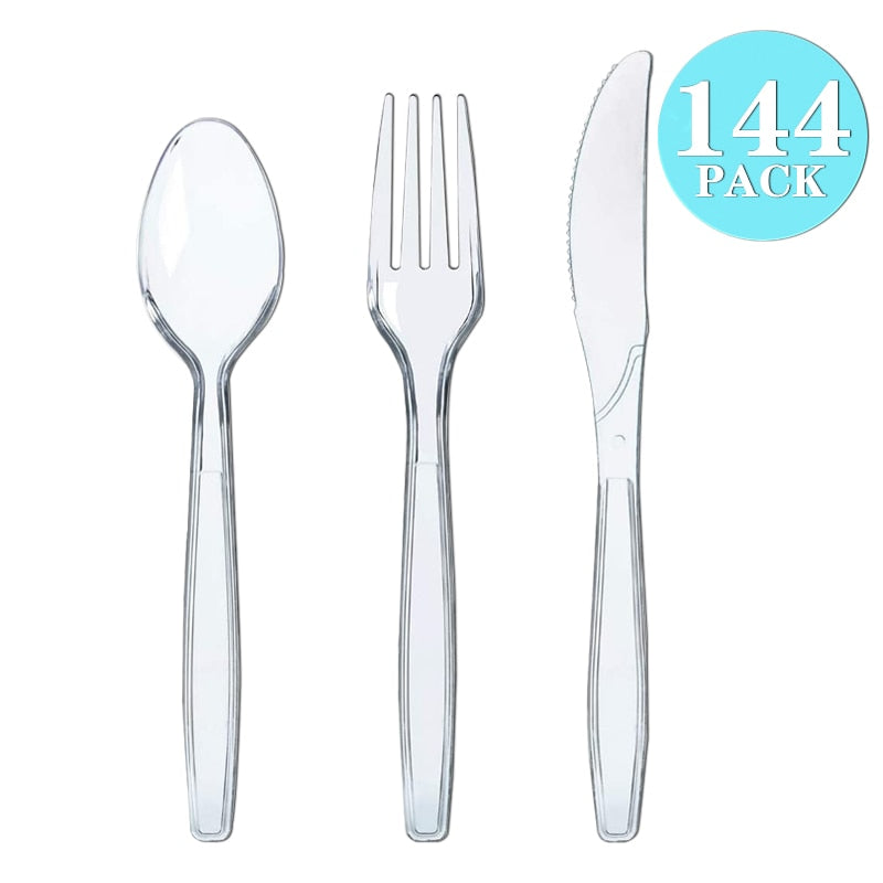 48/96/144/216pcs Plastic Cutlery Disposable Tableware Dinnerware Crystal Knife Fork Spoon For Party Household Supplies PartyDecorHQ