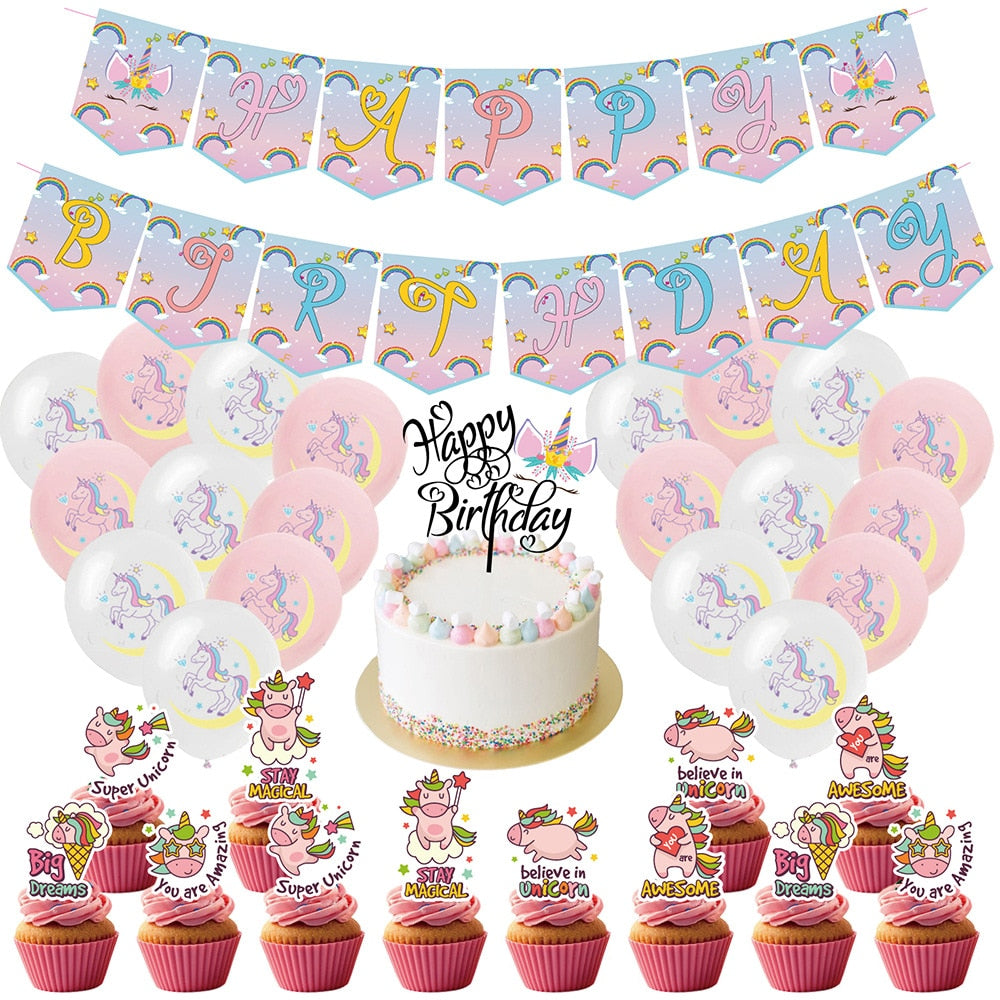 Unicorn Children's Party Decoration Balloon Arch Kit Happy Birthday Banner Cake Topper Latex Girl 