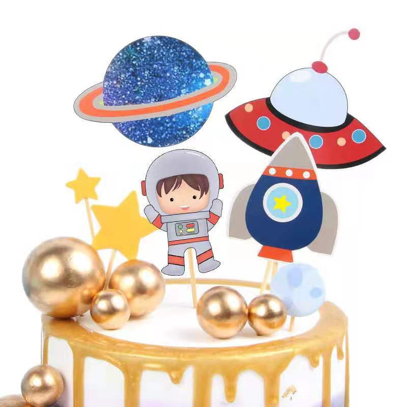 set Outer Space Dinosaur Animal Cake Topper Galaxy/solar System Jungle Theme Party Cupcake Top Kid's Birthday Baking Suppy 