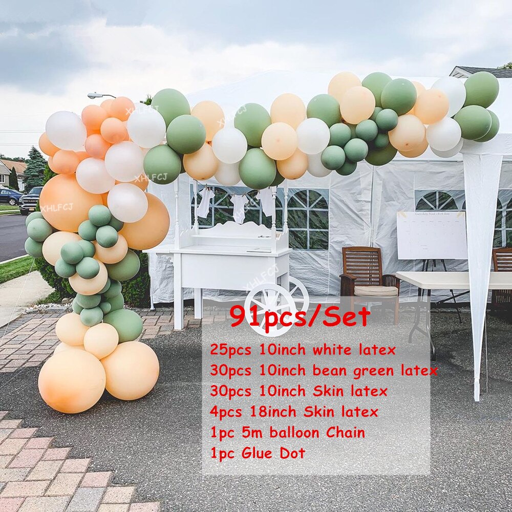 91pcs/Set Retro Green Apricot Balloons Garland Arch Bean Green Skin Balloon Wedding Decor Birthday Kids Party Decoration Globos PartyDecorHQ