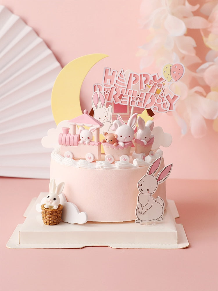 Rabbit Cake Topper Bunny Train Carrot Kids Birthday Party Happy Decoration Cupcake Decor Wedding Baking Supplies Easter DIY PartyDecorHQ