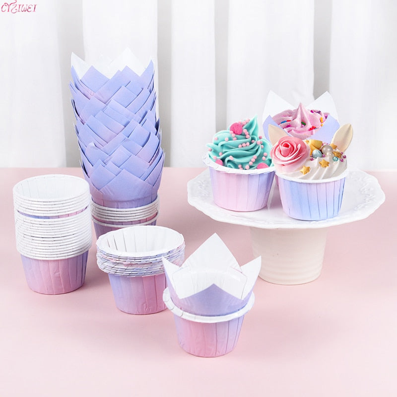 Gradient Paper Cupcake Decor Mermaid Birthday Theme Table Dessert Cake Rim Cup Purple Kids Boys GirlsHappy Party 