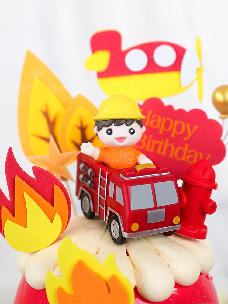 Cartoon Boy Fire truck Doll Ornaments Cake Topper Children's Birthday Party Extinguishing Hero Decoration Cakes Baking 