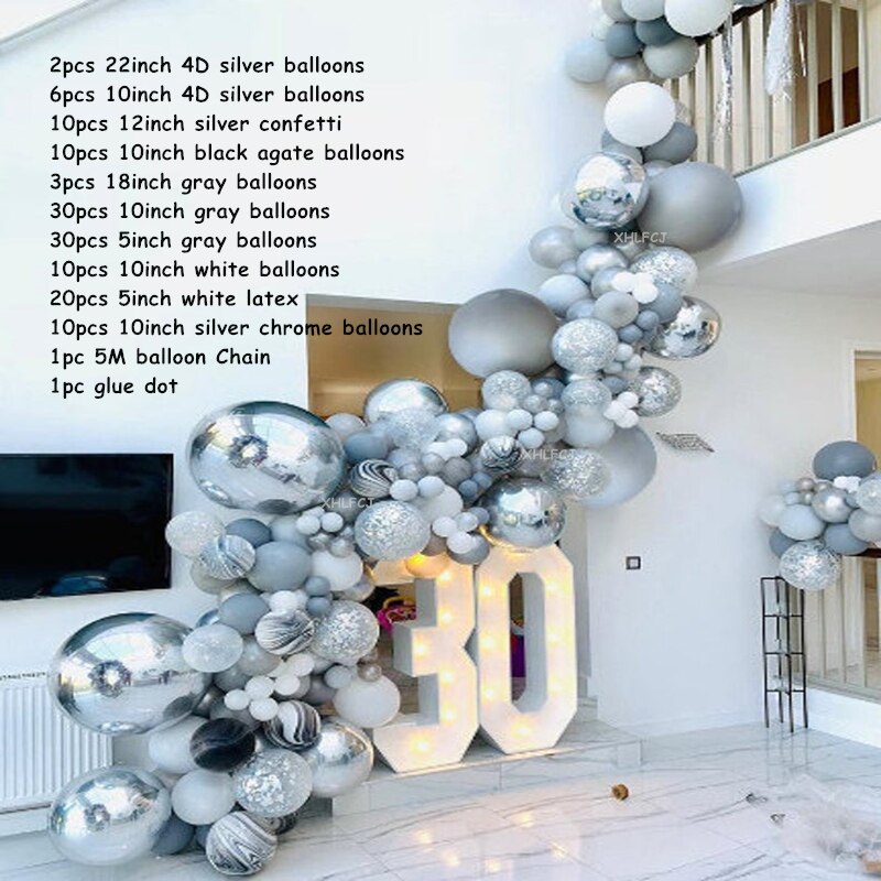 133pcs Black Agate Balloons Garland Arch Kit white gray Latex Silver 4D Confetti Balloon Wedding Baby Birthday Decoration Globos PartyDecorHQ