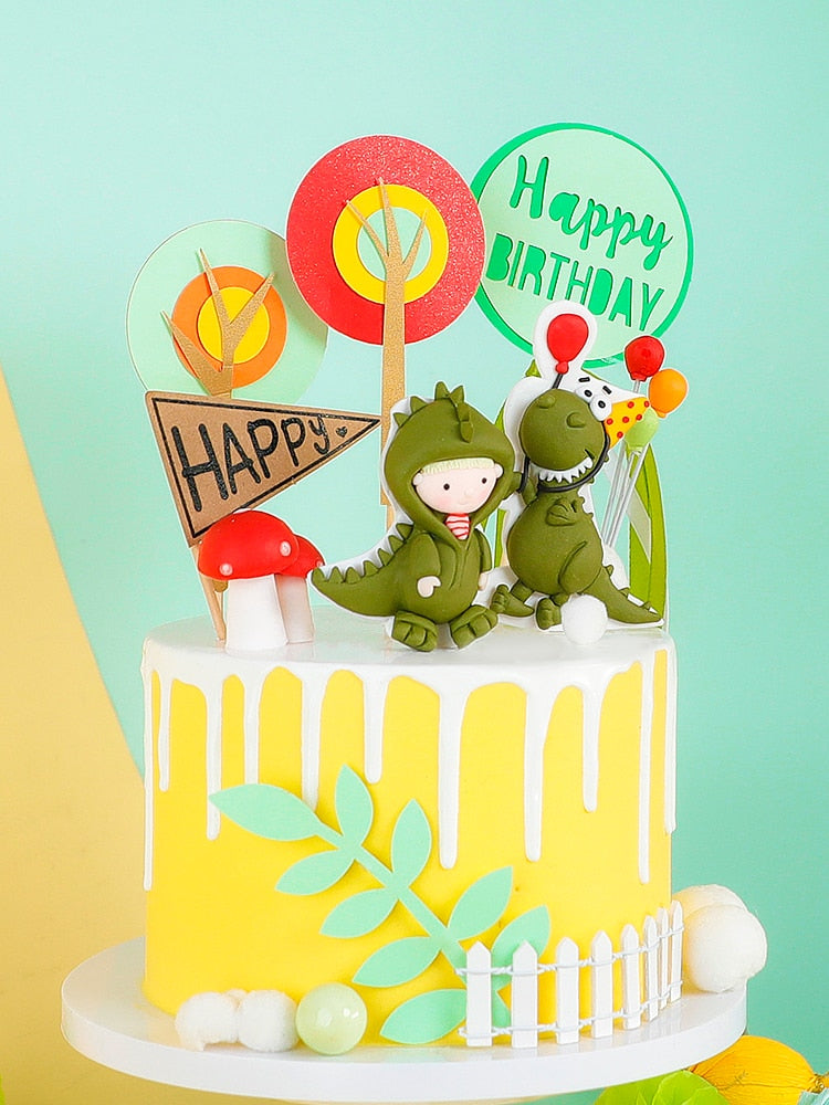 Cartoon Baby Green Yellow Dinosaur Soft pottery trees Boy's Birthday Cake Topper Dessert Decoration Decor 