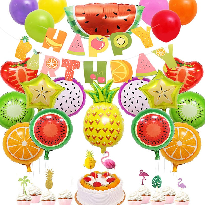 Summer Fruit Theme Birthday Party Decoration Watermelon Pineapple Foil Balloon Cake Topper Kids Supplies 