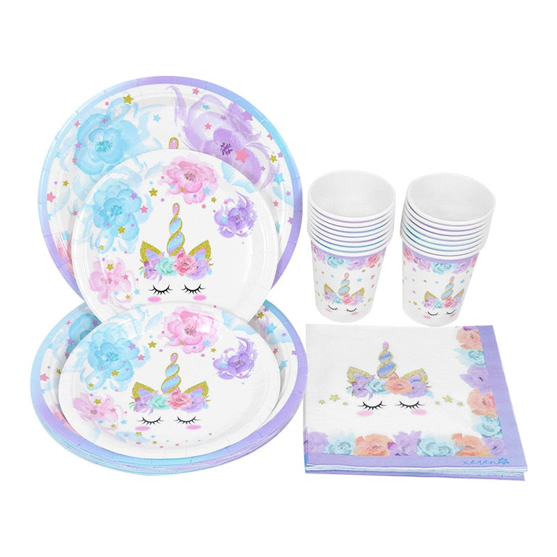 Unicorn Birthday Decoration Disposable Tableware Set Paper Plates Cups Napkins Kids Party Baby Shower Supplies 