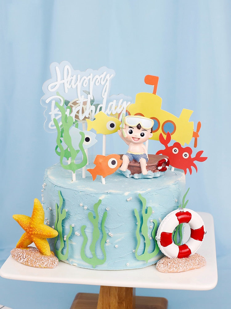 Ocean Theme Birthday Cake Topper Swim Boy Summer day Diving Decoration dirthday Party Dessert Baking Supplies Flags 