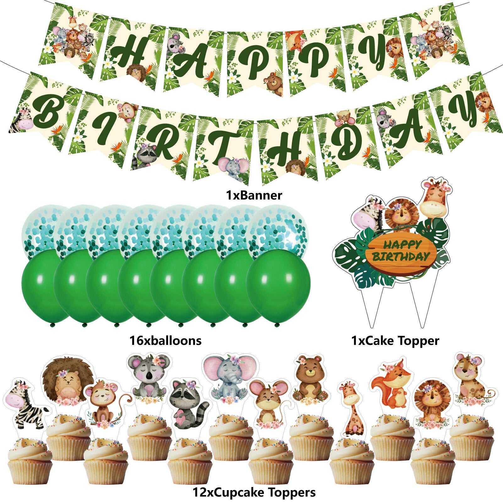 Forest Animal Theme Birthday Party Decoration Set Green confetti Balloon Elephant Hedgehog Monkey Cake Toppers Boys Girls 