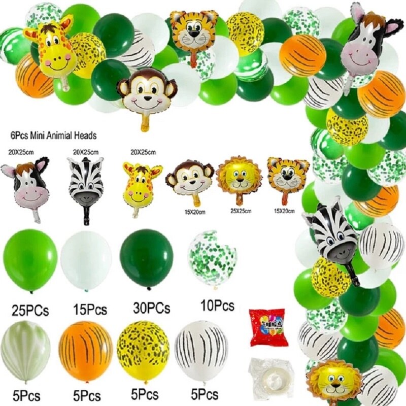 Jungle Wildlife Aluminum Foil Balloon Garland Baby Shower One Year Old Birthday Decoration Green Arch Kit Party Supplies Inflatable Decorations