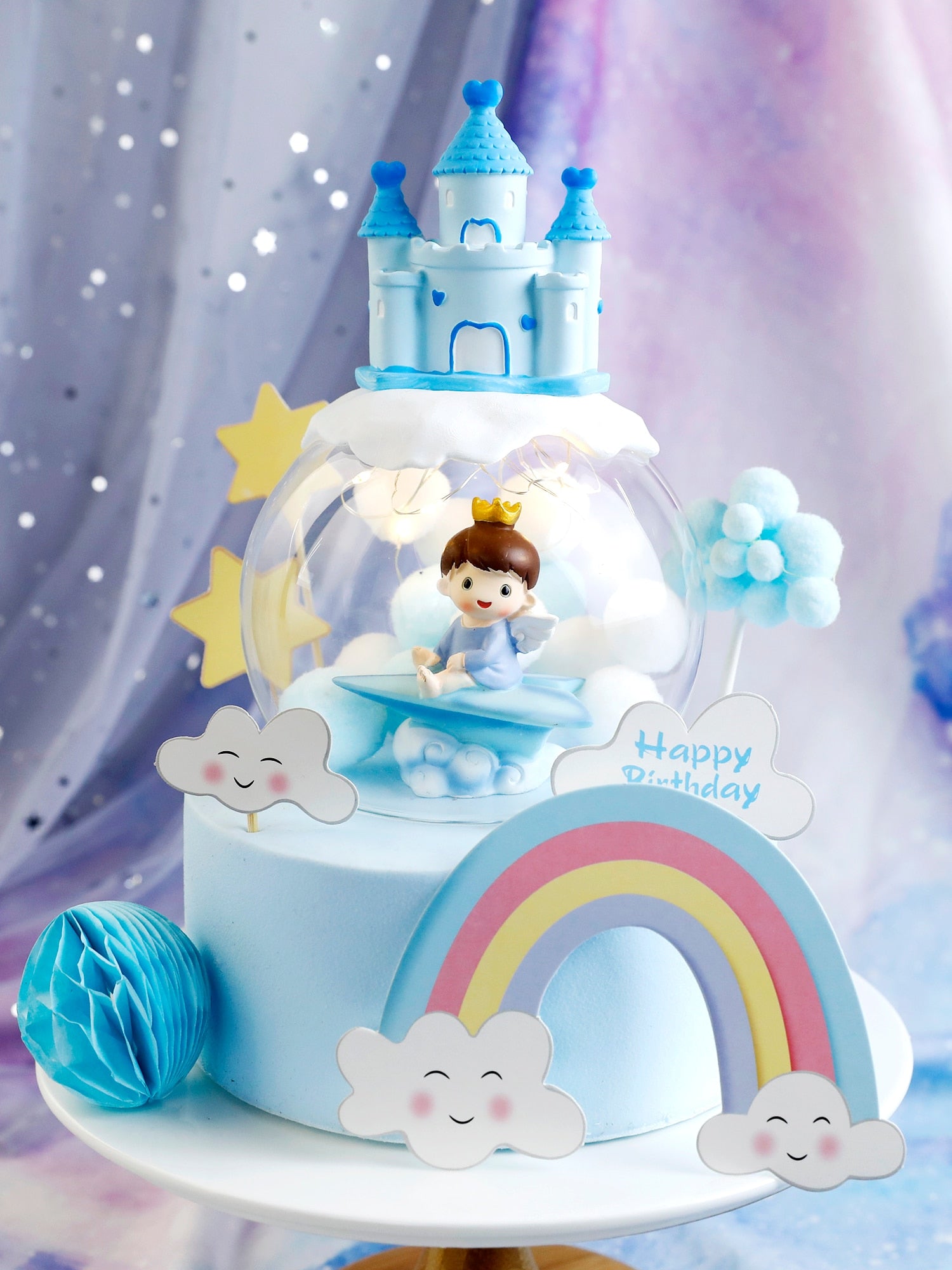 Castles Clouds Rainbows Boy Girl Blue Cake Topper Angel Happy Birthday Decoration Crown Children's Day Party Supplies 