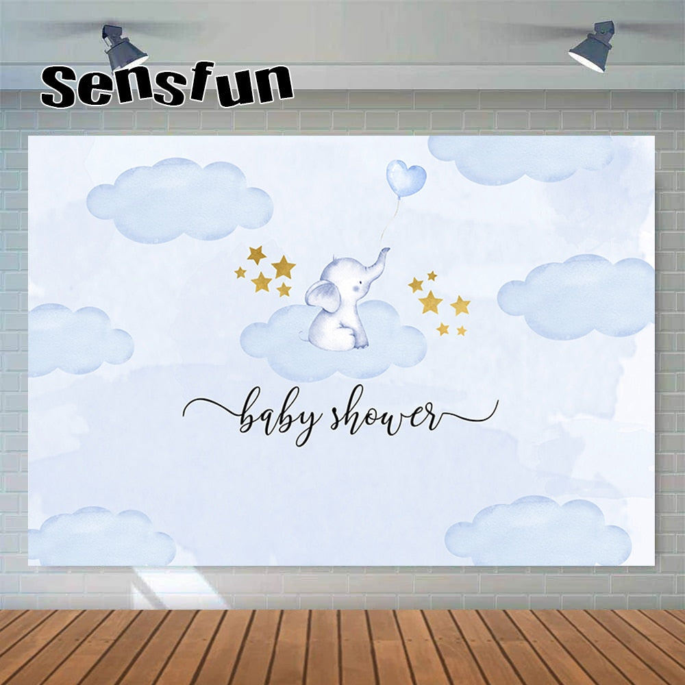 Light Blue Baby Elephant Boy Shower Backdrop Photography Cloud Stars Newborn st Birthday Party Background Customized 