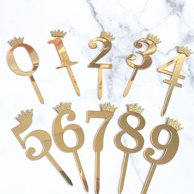 pcs/Lot Gold Number Cake Topper Bling Crown Birthday Party Cupcake Decoration New Creative Writing Baking Dessert Flags Theme 