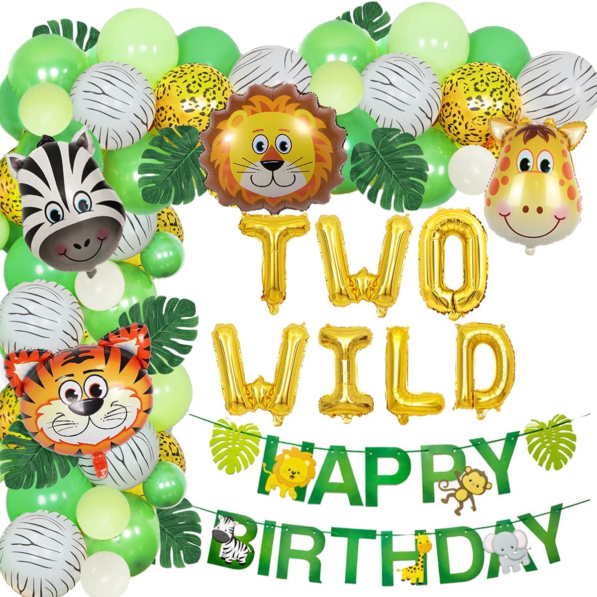 Jungle Theme Balloons Set TWO WILD Animals Green Artificial Palm Leaves Boy nd Happy Birthday Party Decoration 