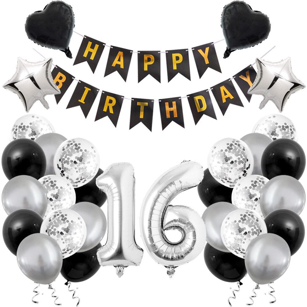 Sliver Black Balloon Set Confetti Latex Heart Star Number Foil Men Boy Birthday Party Decoration 