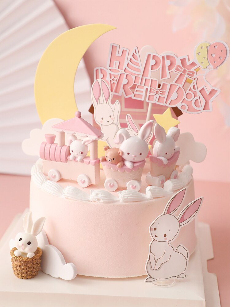 Rabbit Cake Topper Bunny Train Carrot Kids Birthday Party Happy Decoration Cupcake Decor Wedding Baking Supplies Easter DIY PartyDecorHQ