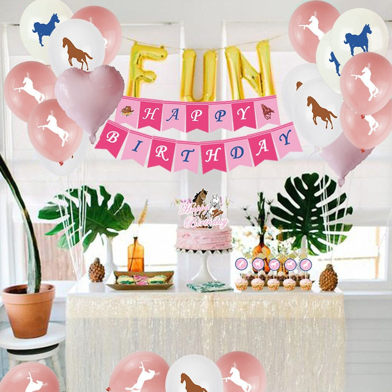 Pink Horse Themed Birthday Party Decorations Balloons Set Girls st nd rd Banner Pony Shape Cake Topper 