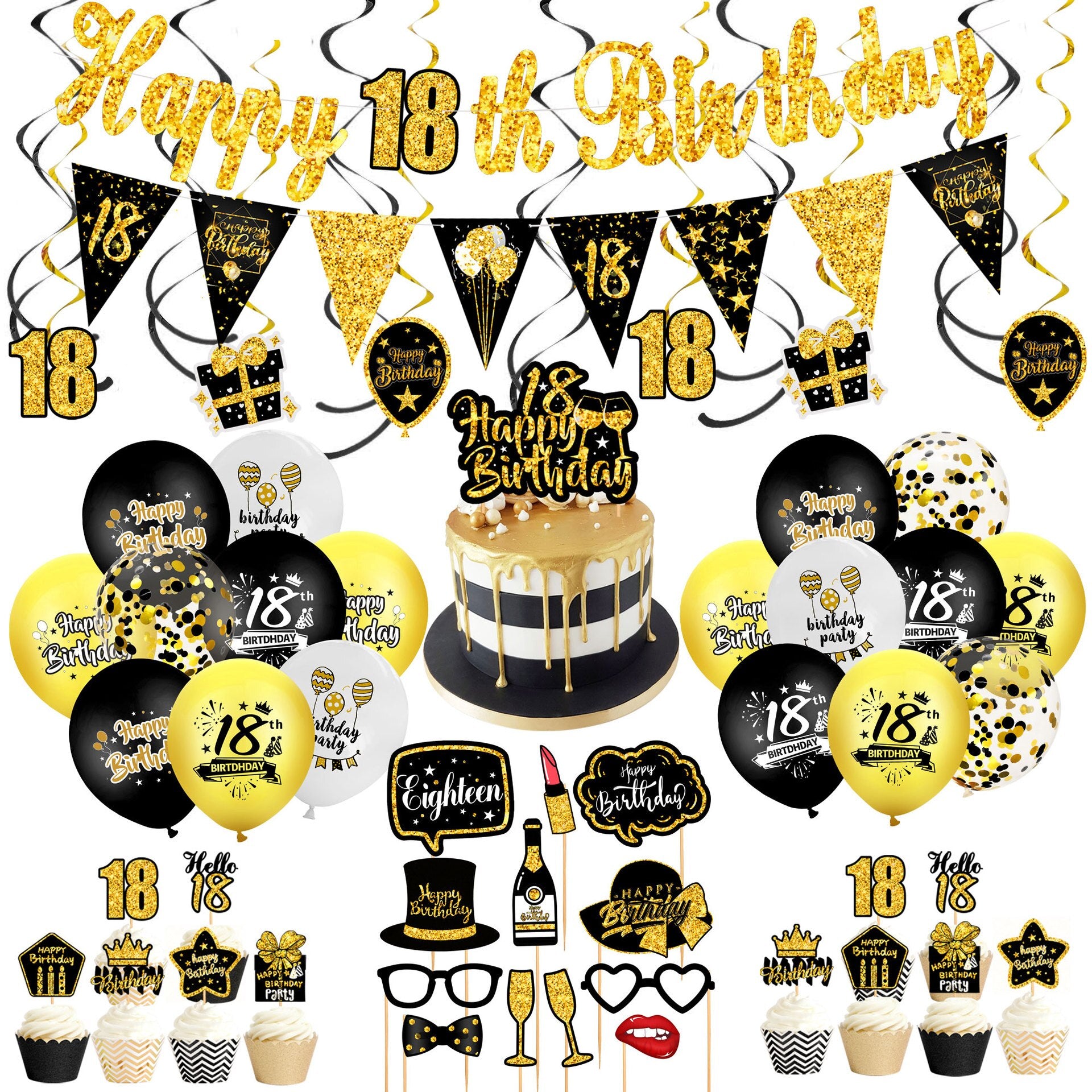 Birthday Balloon Arch Kit Back Gold Glitter Banner Photo Props CakeTopper Men Women th Party Decoration 