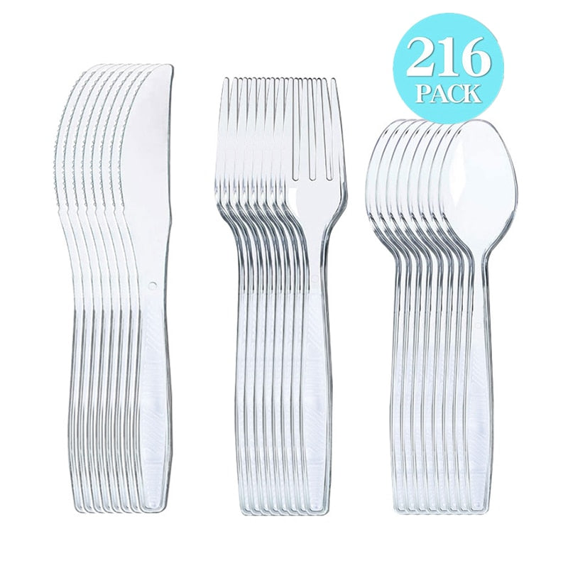 48/96/144/216pcs Plastic Cutlery Disposable Tableware Dinnerware Crystal Knife Fork Spoon For Party Household Supplies PartyDecorHQ