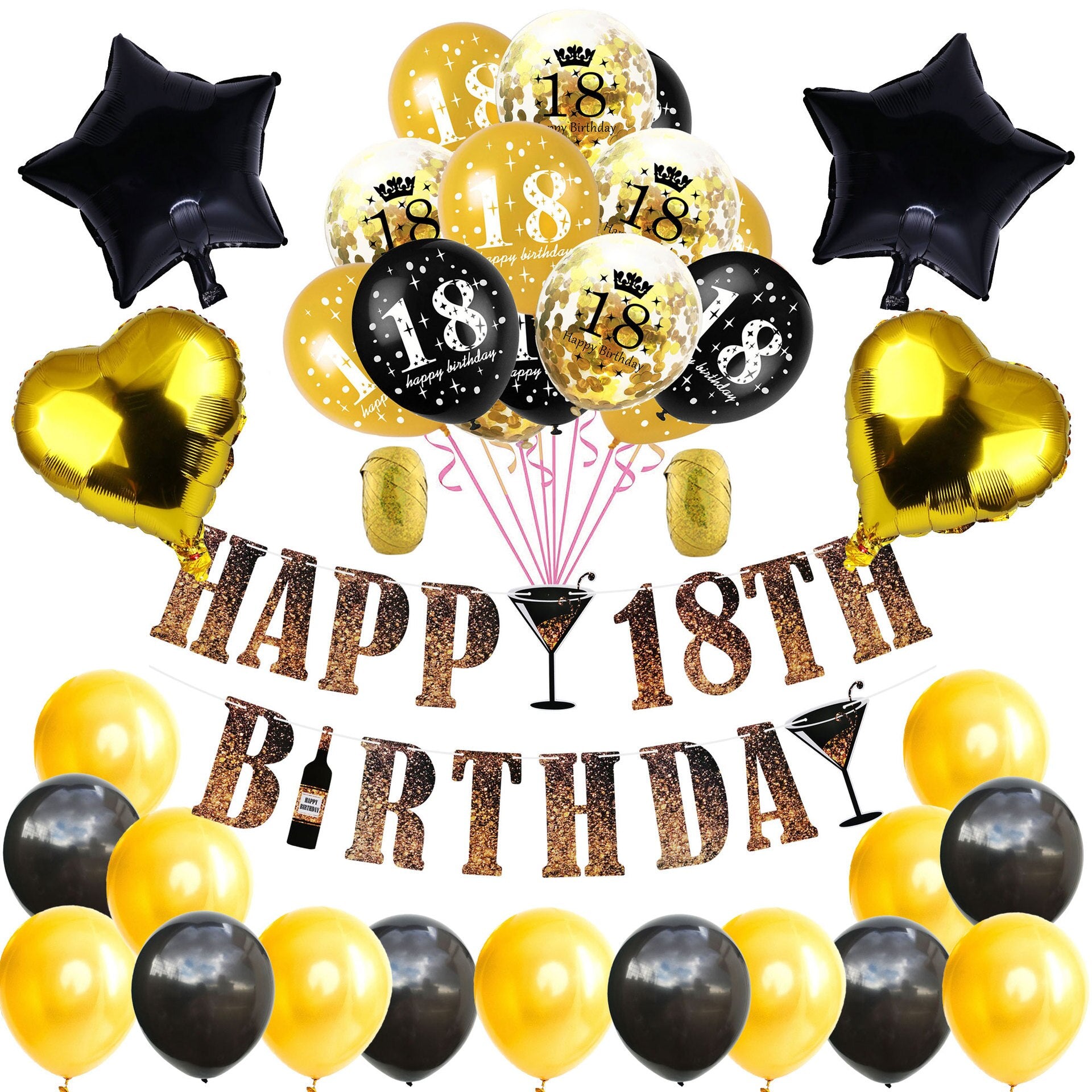 Gold Black Happy Birthday Banner Balloon Set Star Heart Foil st- th Boy Girl Men Women Decoration Inflatable Party Decorations