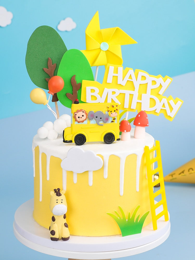 Baking Cake Topper Cartoon Yellow Animals School Bus Ornaments Lion Elephant Joy Forest Party Decoration Baby Shower 