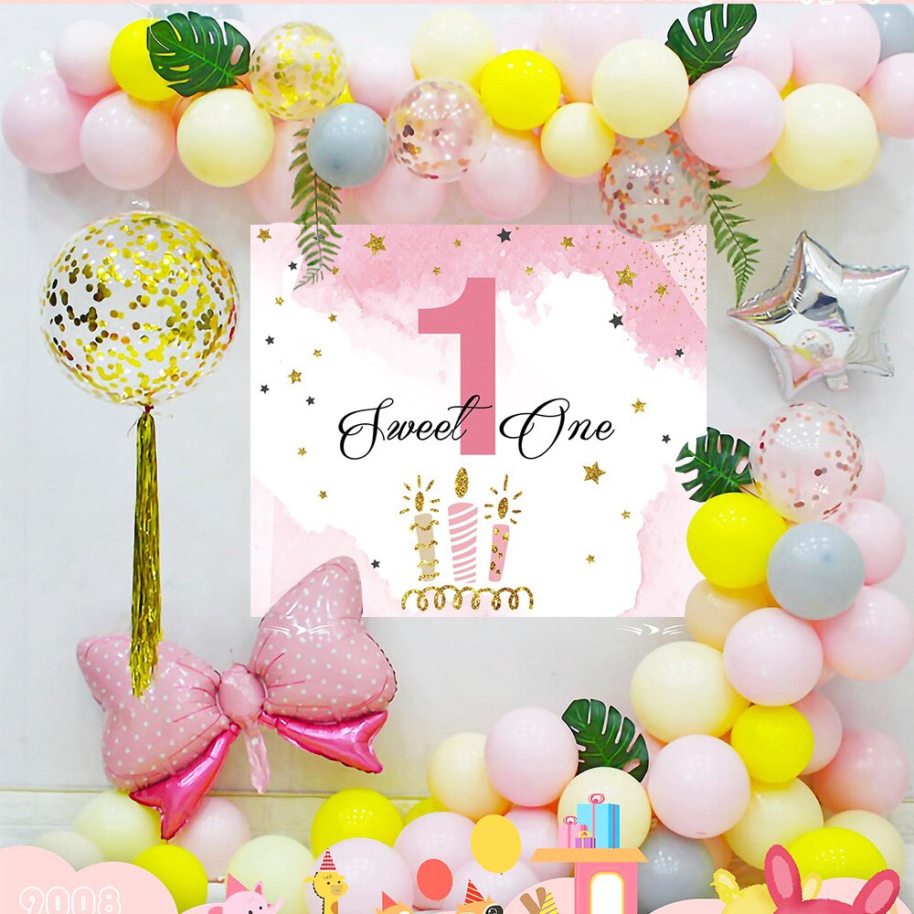 Birthday Party Decoration Pink Yellow Bowknot Star Foil Balloon Palm Leaves Background Girls Gender Reveal Baby Shower 