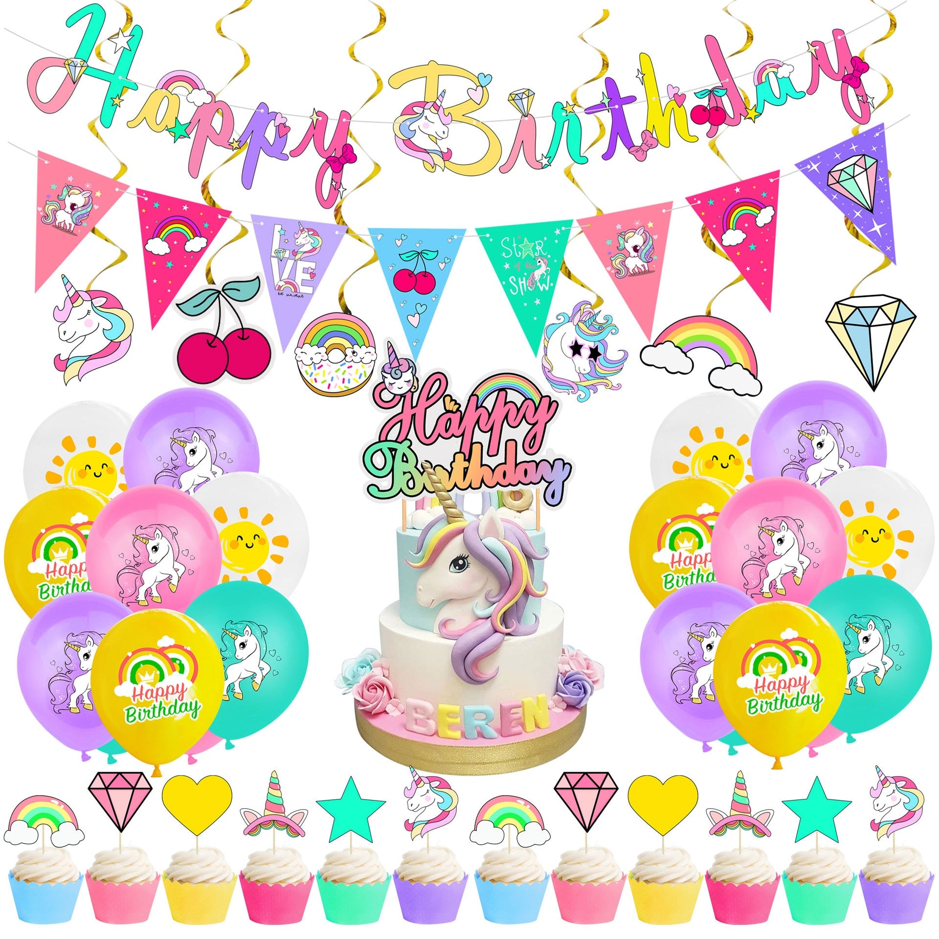 Unicorn Balloon Set Happy Birthday Banner Print Latex Cake Topper Girl st nd rd Party 