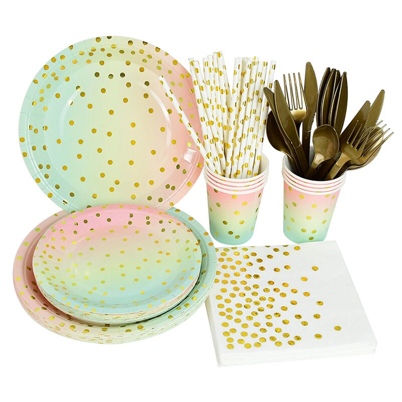 Rainbow Gradient Disposable Tableware Bronzing Dot Paper Plate Cup Napkin Wedding Birthday Decoration Party Supplies 