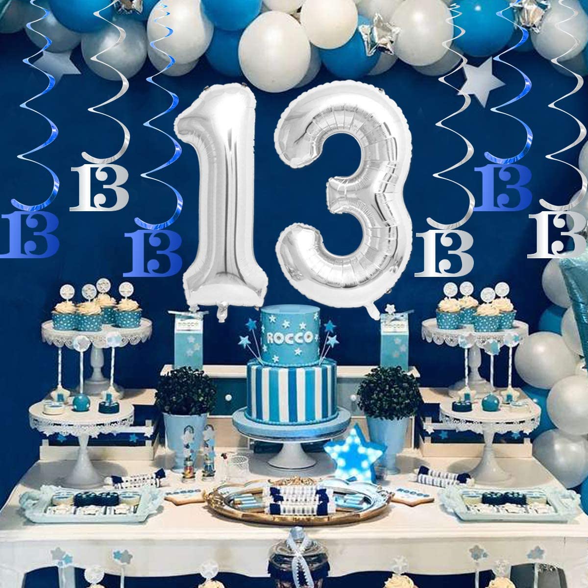 Pcs Blue th Birthday Decorations Balloon Set Boys Girls Happy Banner Cake Topper Hanging Swirls 