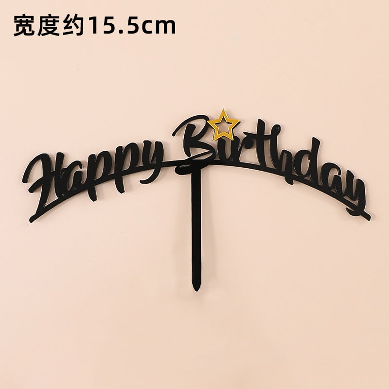 Acrylic Birthday Party Cake Topper Black Gold Girls Princess Happy Star Celebrate Dessert Baking Cakes Decoration 