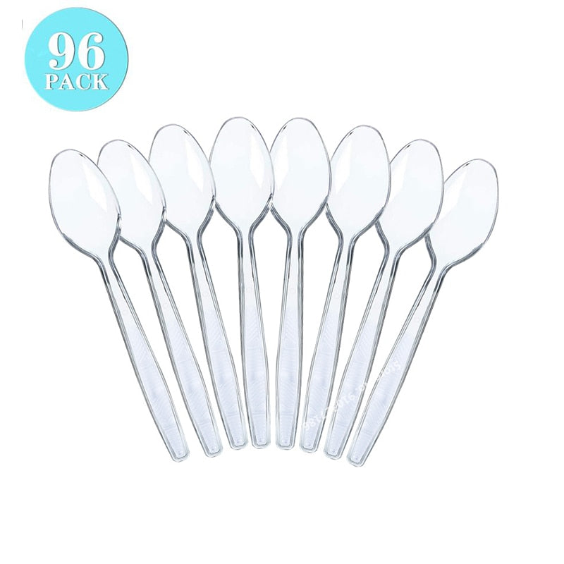 48/96/144/216pcs Plastic Cutlery Disposable Tableware Dinnerware Crystal Knife Fork Spoon For Party Household Supplies PartyDecorHQ