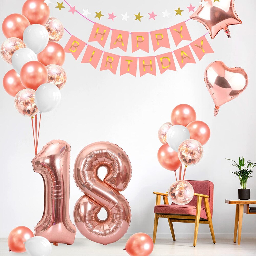 th Happy Birthday Party Decorations Set Girls Years Old Supplies Rose Gold Latex Balloons Paper Banner 