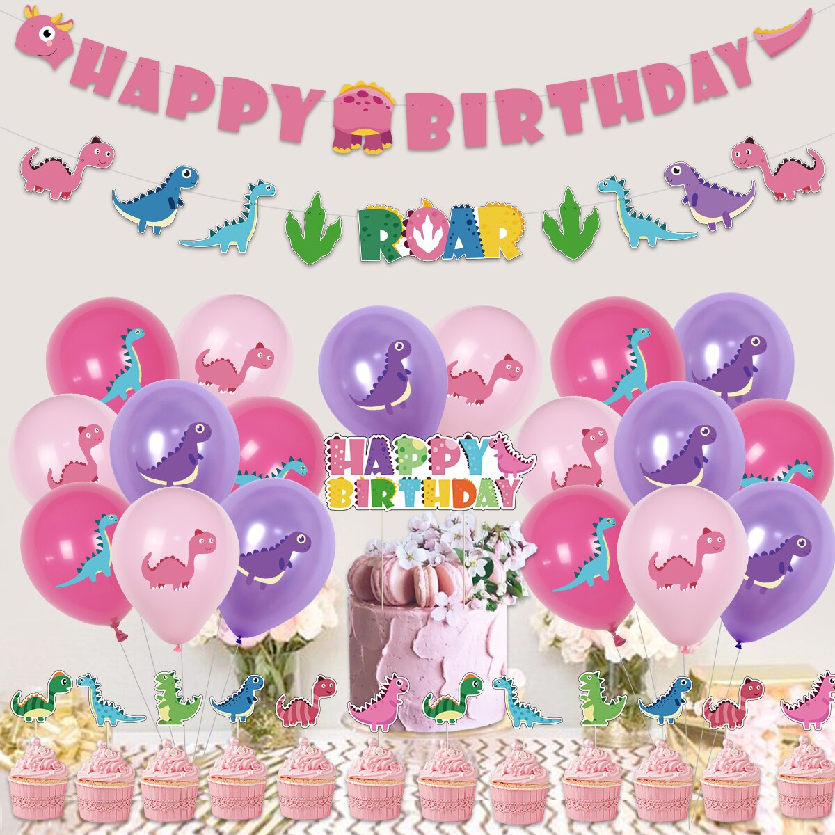 Dinosaur Theme Birthday Party Decoration Pink Purple Balloon Girl Supplies Banner Dragon Shape Cake Topper 