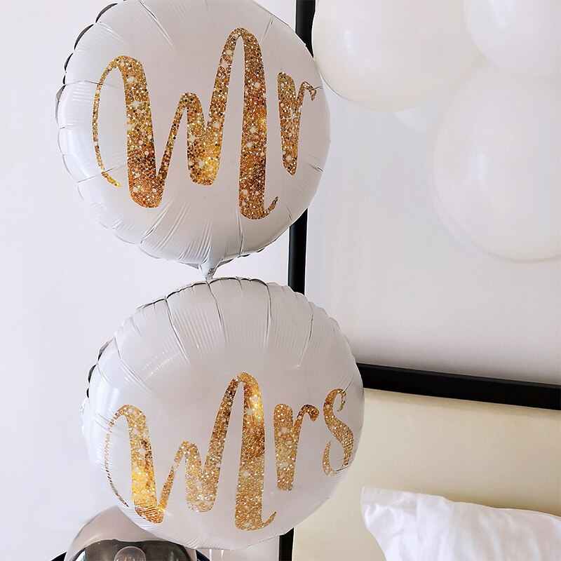 Set Round White Gold Glitter Print Mr&Mrs LOVE Foil Balloons Bride Marriage Valentine's Day Globos Wedding Party Decor 