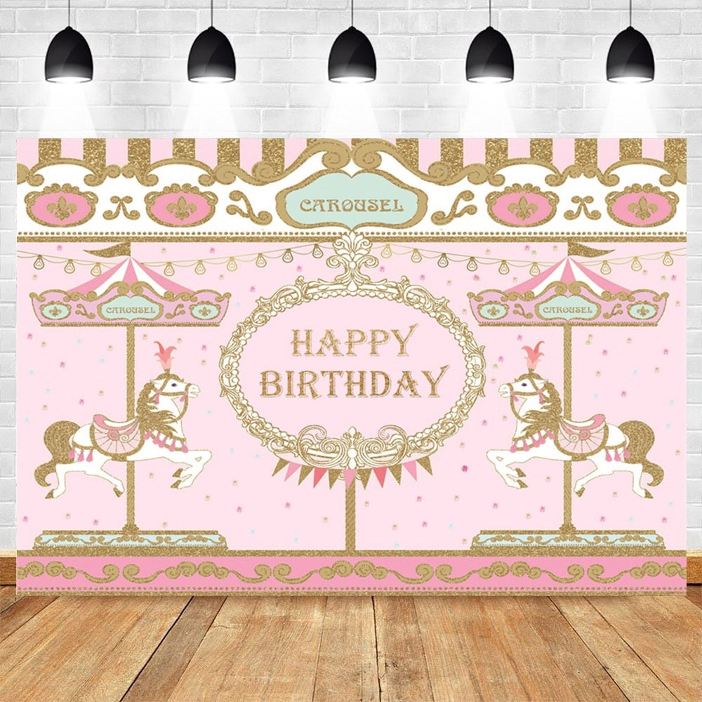 Happy Birthday Carousel Horse Photography Baby Party Decor Backdrop Photocall Background Photophone Photographic Photo Studio 