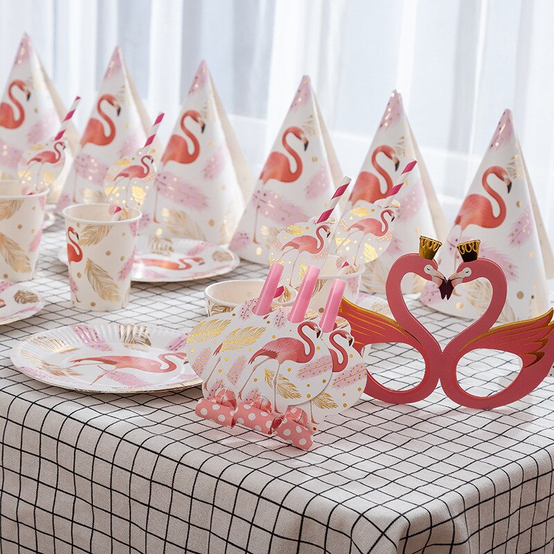 Flamingo Theme Children's Birthday Party Tableware Set Disposable Paper Plate Straw Blowing Dragon Supplies 