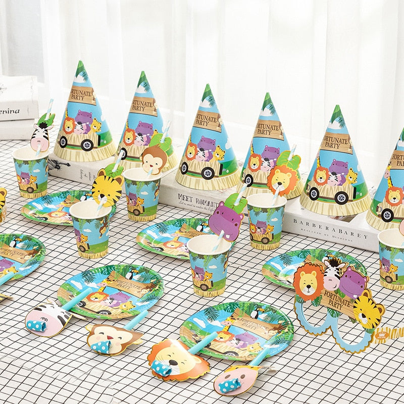 Jungle Animal Theme Children's Birthday Party Disposable Tableware Glasses Blowing Dragon Toy Paper Plate Cup Hat 