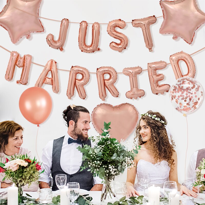 Rose Gold Just Married Balloons Wedding Star Heart Balloon Bridal Shower Air Globos Decoration Hen Bachelorette Party Supplies 